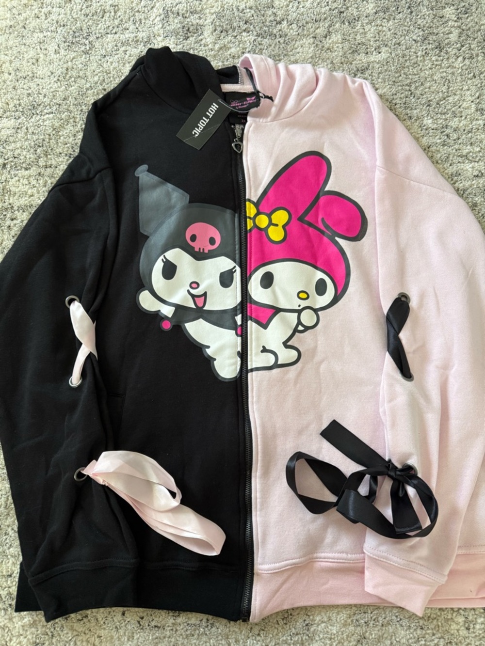 Sanrio Kuromi & My Melody Split Zip Hoodie - Black & Light Pink